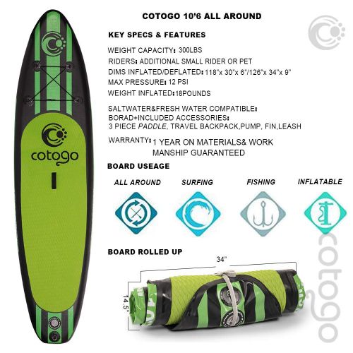  Cotogo Dickes Stand Up Paddle SUP Board Set fuer Sport Rudern max. 12.5KG, Aufblasbare Boards Tas