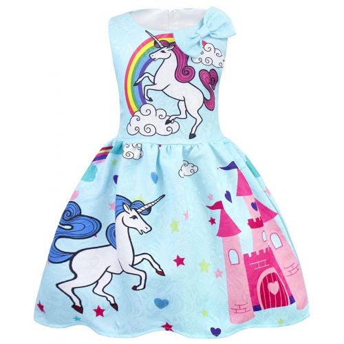  Cotrio Rainbow Unicorn Dress Little Girls Birthday Theme Party Dresses Toddler Pleated Skirt