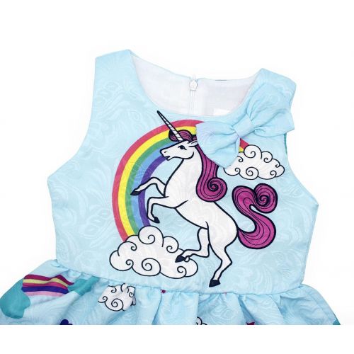  Cotrio Rainbow Unicorn Dress Little Girls Birthday Theme Party Dresses Toddler Pleated Skirt