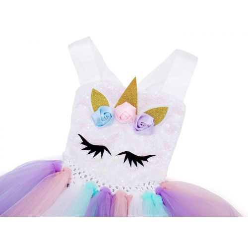  Cotrio Rainbow Unicorn Tutu Dress Girls Princess Halloween Costumes Outfits with Headband