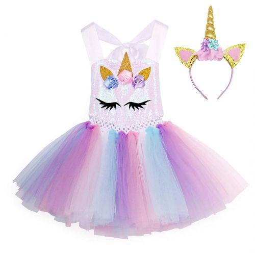  Cotrio Rainbow Unicorn Tutu Dress Girls Princess Halloween Costumes Outfits with Headband