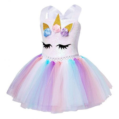  Cotrio Rainbow Unicorn Tutu Dress Girls Princess Halloween Costumes Outfits with Headband