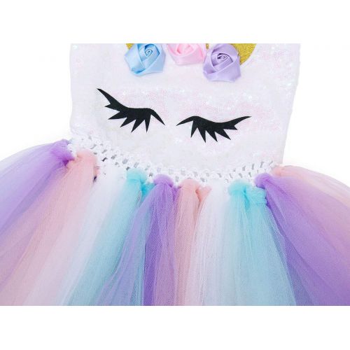  Cotrio Rainbow Unicorn Tutu Dress Girls Princess Halloween Costumes Outfits with Headband