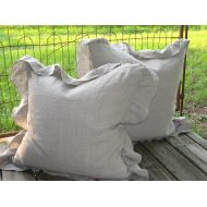 Cottageandcabin Pair of Washed Linen Euro Shams with 4 Ruffled Edge-Two Euro Size Ruffled Pillow Shams-26x26 Pillow Shams-Washed Linen Shams