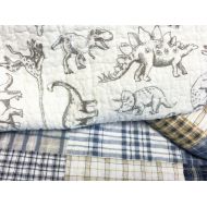 Cozy Line Home Fashions Benjamin Cute Dinosaur Plaid Printed Pattern Navy Blue White Grey Bedding Quilt Set 100% Cotton Reversible Coverlet Bedspread Set for Kids Boy (King - 3 Pie