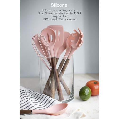  Country Kitchen Silicone Cooking Utensils, 8 Pc Kitchen Utensil Set, Easy to Clean Wooden Kitchen Utensils, Cooking Utensils for Nonstick Cookware, Kitchen Gadgets and Spatula Set - Pink