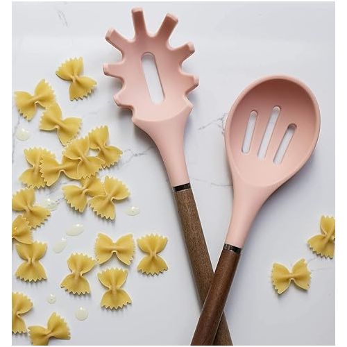  Country Kitchen Silicone Cooking Utensils, 8 Pc Kitchen Utensil Set, Easy to Clean Wooden Kitchen Utensils, Cooking Utensils for Nonstick Cookware, Kitchen Gadgets and Spatula Set - Pink