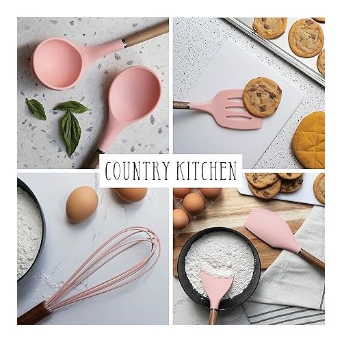  Country Kitchen Silicone Cooking Utensils, 8 Pc Kitchen Utensil Set, Easy to Clean Wooden Kitchen Utensils, Cooking Utensils for Nonstick Cookware, Kitchen Gadgets and Spatula Set - Pink