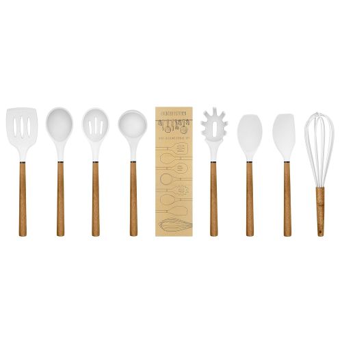  Country Kitchen 8 pc Non Stick Silicone Utensil Set with Rounded Wood Handles for Cooking and Baking - White