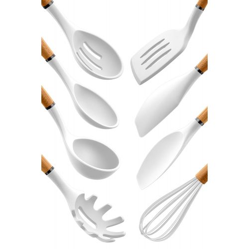  Country Kitchen 8 pc Non Stick Silicone Utensil Set with Rounded Wood Handles for Cooking and Baking - White