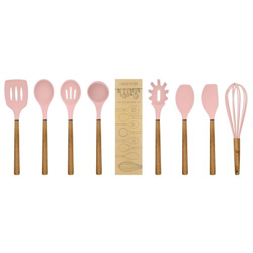  Country Kitchen 8 pc Non Stick Silicone Utensil Set with Rounded Wood Handles for Cooking and Baking - Pink