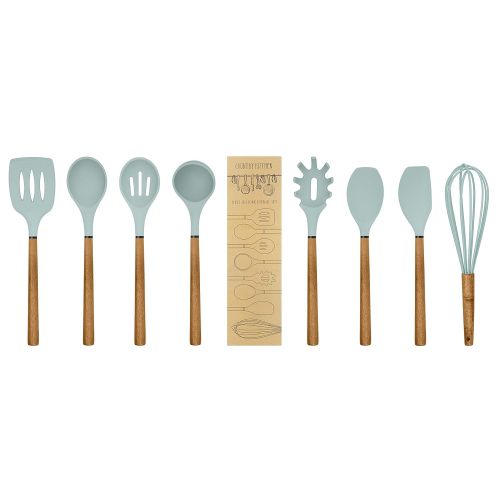  Country Kitchen 8 pc Non Stick Silicone Utensil Set with Rounded Wood Handles for Cooking and Baking - Mint Green