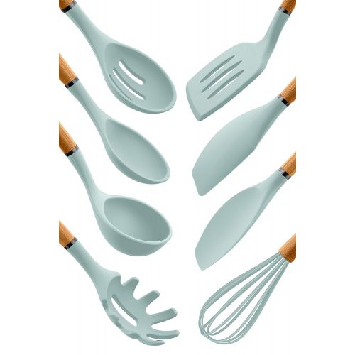  Country Kitchen 8 pc Non Stick Silicone Utensil Set with Rounded Wood Handles for Cooking and Baking - Mint Green