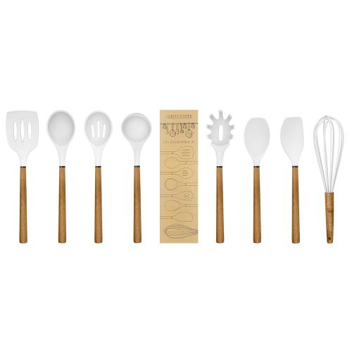  Country Kitchen 8 pc Non Stick Silicone Utensil Set with Rounded Wood Handles for Cooking and Baking - Black