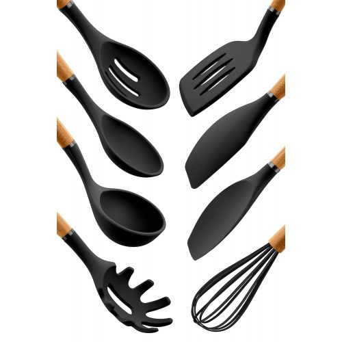  Country Kitchen 8 pc Non Stick Silicone Utensil Set with Rounded Wood Handles for Cooking and Baking - Black