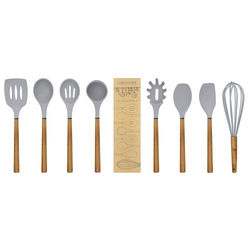  Country Kitchen 8 pc Non Stick Silicone Utensil Set with Rounded Wood Handles for Cooking and Baking - Black