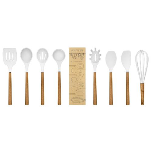  Country Kitchen 8 pc Non Stick Silicone Utensil Set with Rounded Wood Handles for Cooking and Baking - Grey