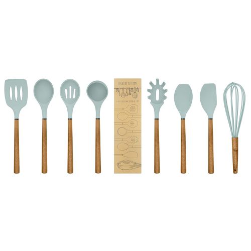  Country Kitchen 8 pc Non Stick Silicone Utensil Set with Rounded Wood Handles for Cooking and Baking - Grey