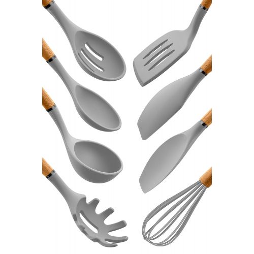  Country Kitchen 8 pc Non Stick Silicone Utensil Set with Rounded Wood Handles for Cooking and Baking - Grey