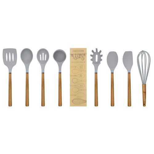  Country Kitchen 8 pc Non Stick Silicone Utensil Set with Rounded Wood Handles for Cooking and Baking - Grey