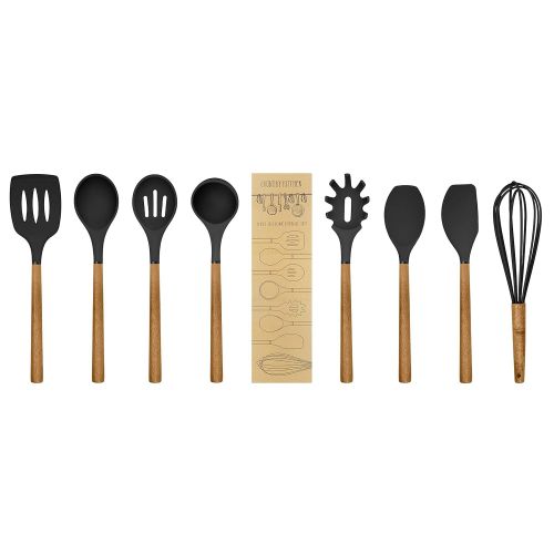  Country Kitchen 8 pc Non Stick Silicone Utensil Set with Rounded Wood Handles for Cooking and Baking - Grey