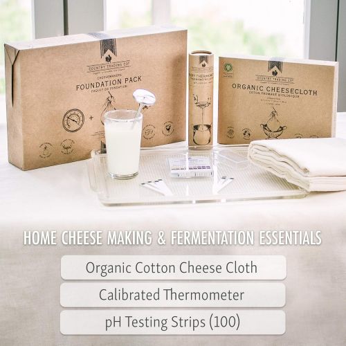  Country Trading Co. Cheese Makers Foundation Gift Pack - Organic Cheese Cloth - Dairy Thermometer - pH Test Strips