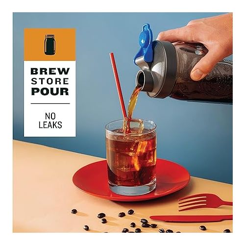  County Line Kitchen Cold Brew Coffee Maker, Mason Jar Pitcher - Heavy Duty Soda Lime Glass w/Stainless Steel Mesh Filter & Flip Cap Lid - Iced Tea & Coffee - 2 Qt (64 Oz), Gray/Blue No Handle