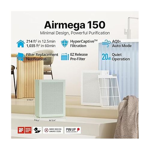  Coway Airmega 150(K) True HEPA Air Purifier with Air Quality Monitoring, Auto Mode, Filter Indicator (Sage Green)