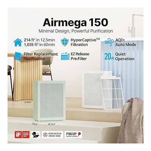  Coway Airmega 150(K) True HEPA Air Purifier with Air Quality Monitoring, Auto Mode, Filter Indicator (Sage Green)