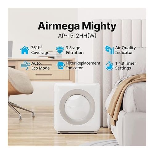  Coway Airmega AP-1512HH(W) True HEPA Purifier with Air Quality Monitoring, Auto, Timer, Filter Indicator, and Eco Mode, 16.8 x 18.3 x 9.7, White