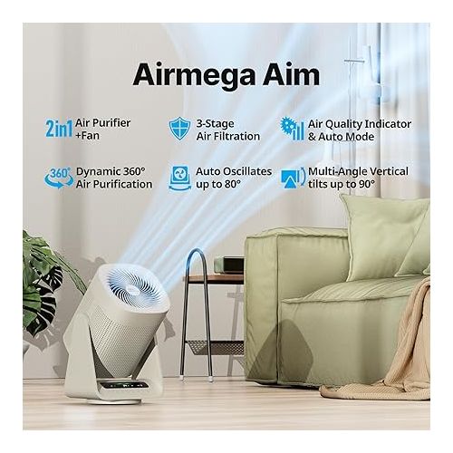  Coway Airmega Aim 2-in-1 True HEPA Air Purifier & Oscillating Fan, Marshmallow Gray