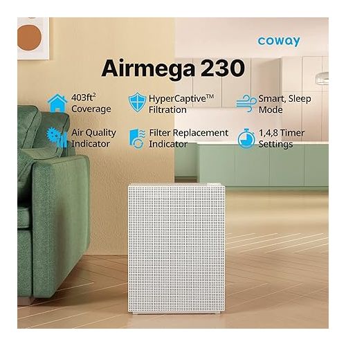  Coway Airmega 230 True HEPA Air Purifier with Air Quality Monitoring, Auto, and Filter Indicator, Dove White