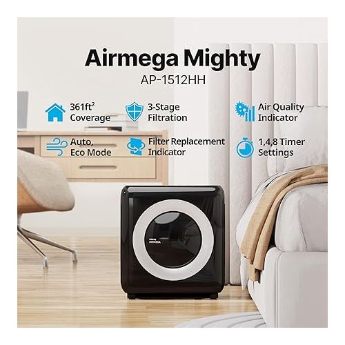  Coway Airmega AP-1512HH True HEPA Air Purifier with Air Quality Monitoring, Auto Mode, Timer, Filter Indicator, Eco Mode