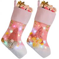 Coxeer 2 Pack LED Christmas Stockings Set - 18.7 Pink Gnome Stocking Holders Light Fireplace Tree Hanging Ornament for Kids Family Decoration Xmas Holiday Party Decor