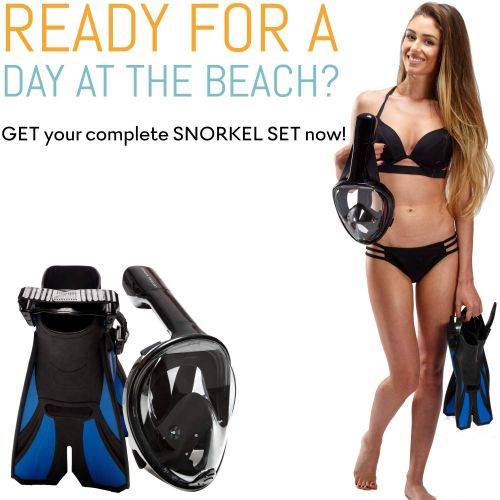  Cozia design cozia design Snorkel Set with Snorkel MASK - Swim FINS Included - Snorkel MASK Full FACE with Adjustable Flippers - 180° Panoramic View Full face Snorkel mask and Open Heel Snorkel