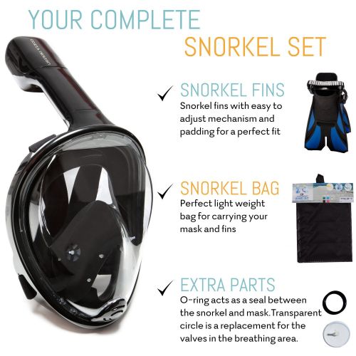  Cozia design cozia design Snorkel Set with Snorkel MASK - Swim FINS Included - Snorkel MASK Full FACE with Adjustable Flippers - 180° Panoramic View Full face Snorkel mask and Open Heel Snorkel