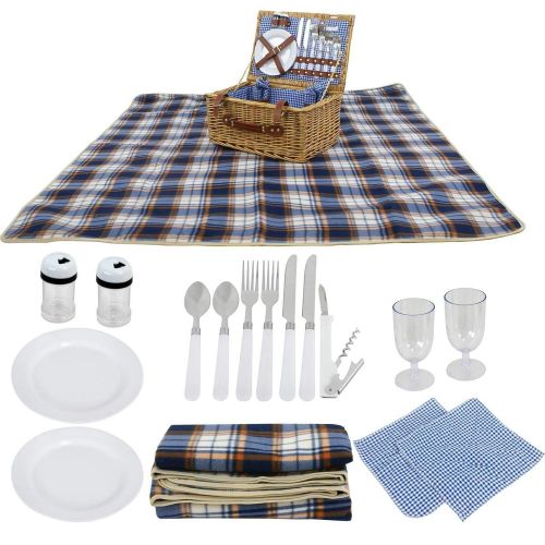  Cozinest 2 Person Wicker Picnic Basket Hamper Deluxe Set with Flatware and Wine Glasses