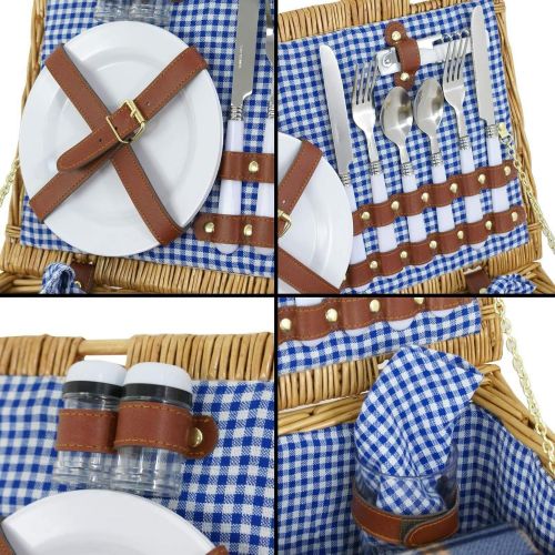  Cozinest 2 Person Wicker Picnic Basket Hamper Deluxe Set with Flatware and Wine Glasses