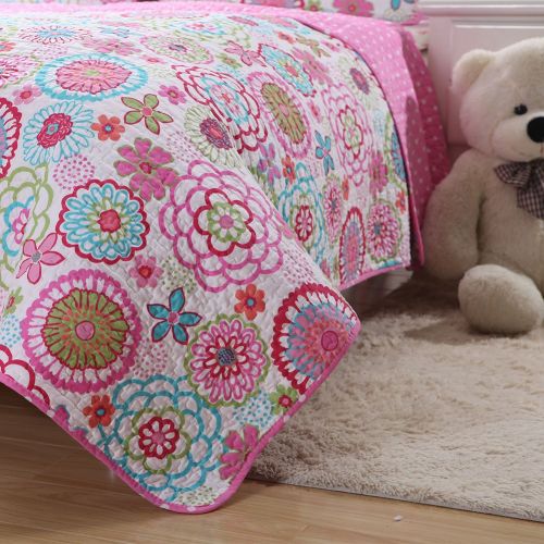  Cozy Line Pink Floral 2-Pcs Quilt Sets Reversible Polka Dot Little Girl Bed (Pink Floral, Full/Queen - 3 Piece)