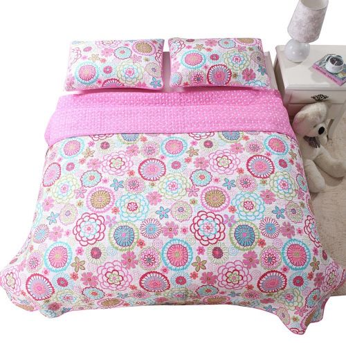  Cozy Line Pink Floral 2-Pcs Quilt Sets Reversible Polka Dot Little Girl Bed (Pink Floral, Full/Queen - 3 Piece)