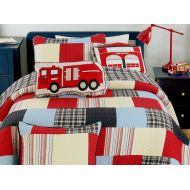 Cozy Line Home Fashions Thomas Quilt Bedding Set for Boy, Navy Blue Red Light Beige Grid Stripe Printed 100% Cotton Reversible Bedspread Coverlet for Kids (Vibrant Patchwork, Twin