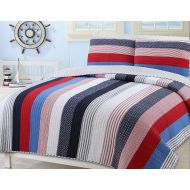 Cozy Line Home Fashions Thomas Quilt Bedding Set for Boy, Navy Blue Red Light Beige Grid Stripe Printed 100% Cotton Reversible Bedspread Coverlet for Kids (Vibrant Patchwork, Queen