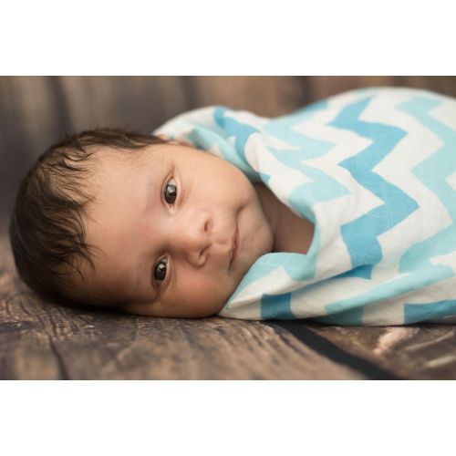  Bamboo Muslin Swaddle Blankets - 3 Pack - Aqua Feather Chevron - Softest Muslin Swaddles by Cozy Babe