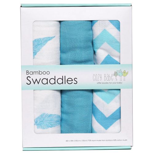  Bamboo Muslin Swaddle Blankets - 3 Pack - Aqua Feather Chevron - Softest Muslin Swaddles by Cozy Babe