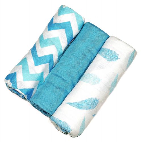  Bamboo Muslin Swaddle Blankets - 3 Pack - Aqua Feather Chevron - Softest Muslin Swaddles by Cozy Babe