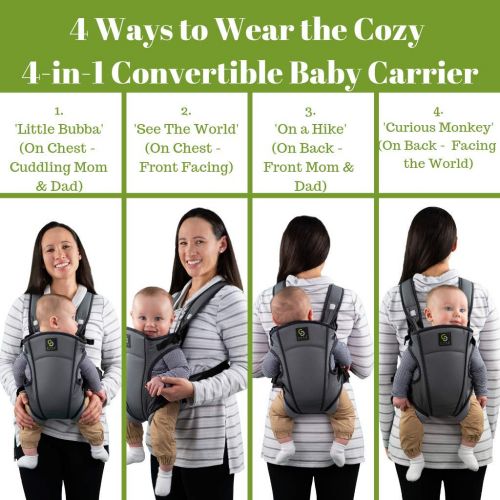  Cozy Cover Cozy 4-in-1 Convertible Baby Carrier (Grey) - The Ergonomic Infant Carrier with Additional Padding in The Straps for Your Comfort. Ideal for Newborn to Toddler with 4 Ways to Carry