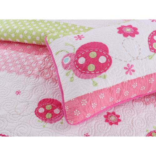  Cozy Line Home Fashion Pink Ladybug Cotton 3 Piece Quilt Set