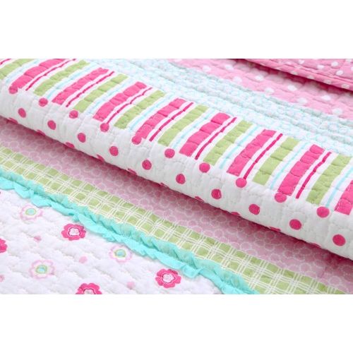  Cozy Line Home Fashions 6-Piece Quilt Bedding Set, Pink Green Pastel Polka Dot Flower 100% Cotton Bedspread Coverlet (Full/Queen- 6 Piece: 1 Quilt + 2 Standard Shams + 3 Decorative