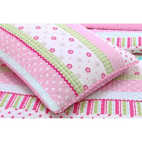  Cozy Line Home Fashions 6-Piece Quilt Bedding Set, Pink Green Pastel Polka Dot Flower 100% Cotton Bedspread Coverlet (Full/Queen- 6 Piece: 1 Quilt + 2 Standard Shams + 3 Decorative