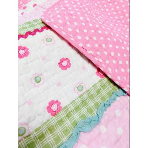  Cozy Line Home Fashions 6-Piece Quilt Bedding Set, Pink Green Pastel Polka Dot Flower 100% Cotton Bedspread Coverlet (Full/Queen- 6 Piece: 1 Quilt + 2 Standard Shams + 3 Decorative